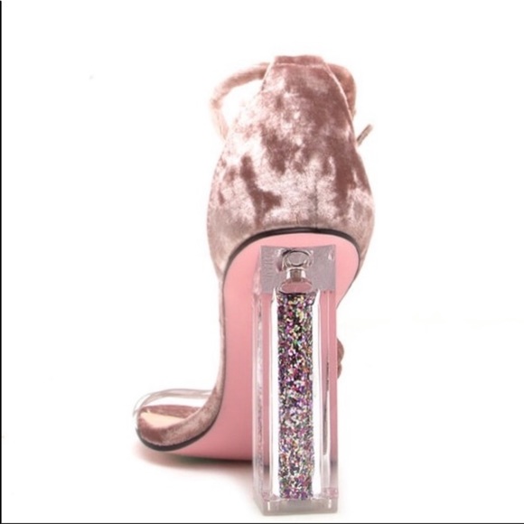 Qupid New New Pink/Clear Glitter Filled Velvet Heels - Picture 7 of 14